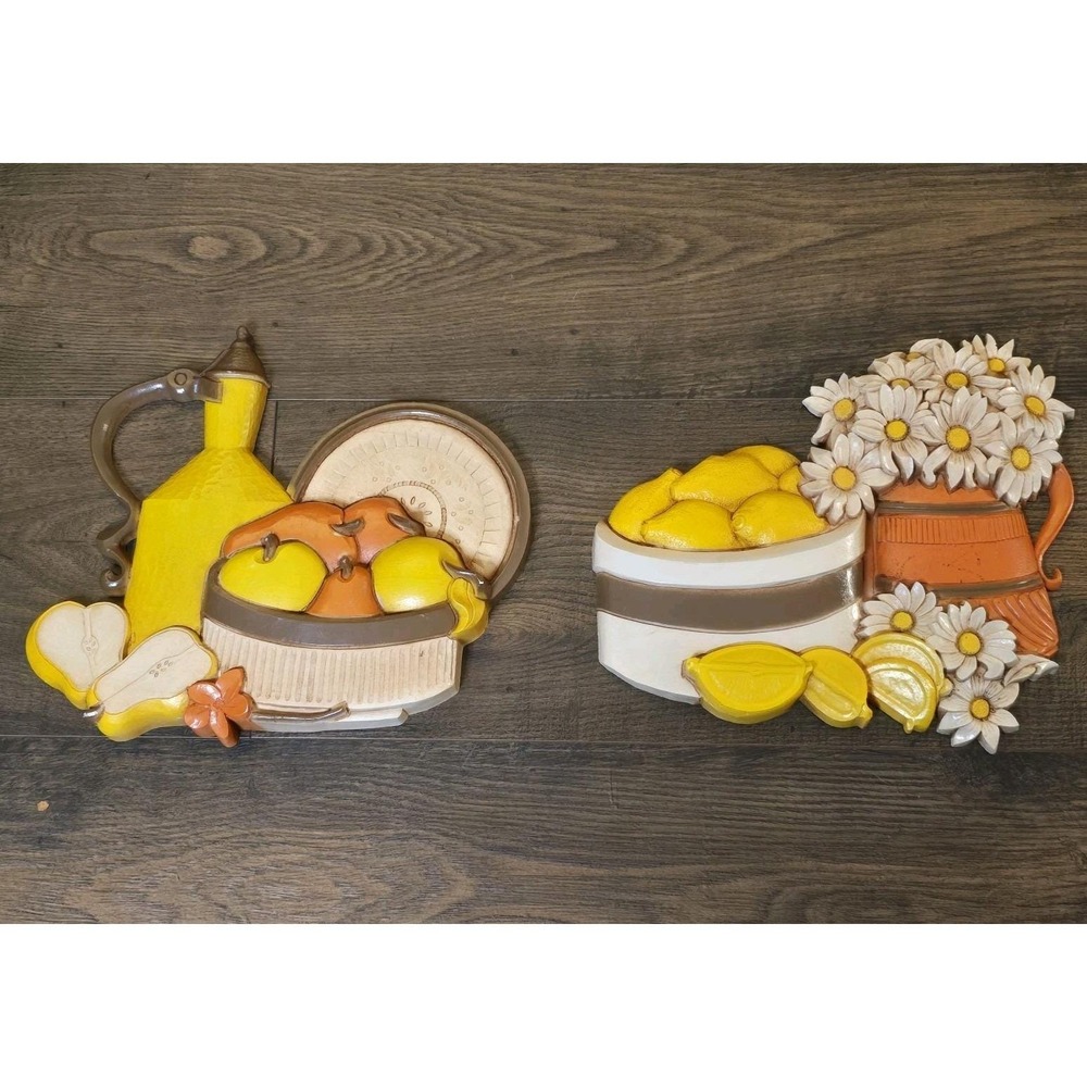 Vintage 1981 Syroco Homco Lemon Wall Plaques 7610 Kitchen Decor Set Yellow Retro